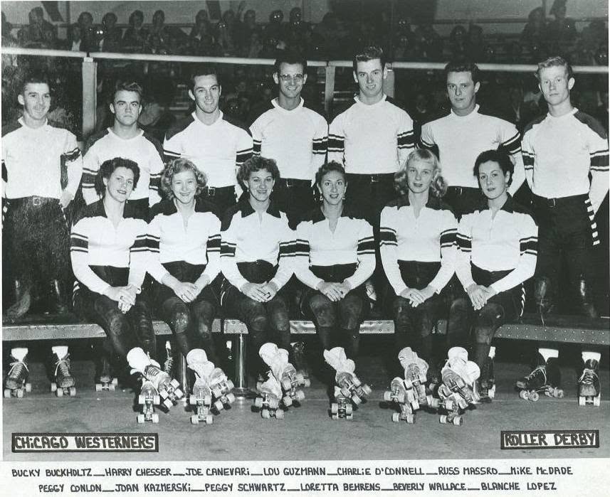 Chicago Westerners roller derby team portrait with thirteen named skaters arranged in two rows, mid-twentieth century.